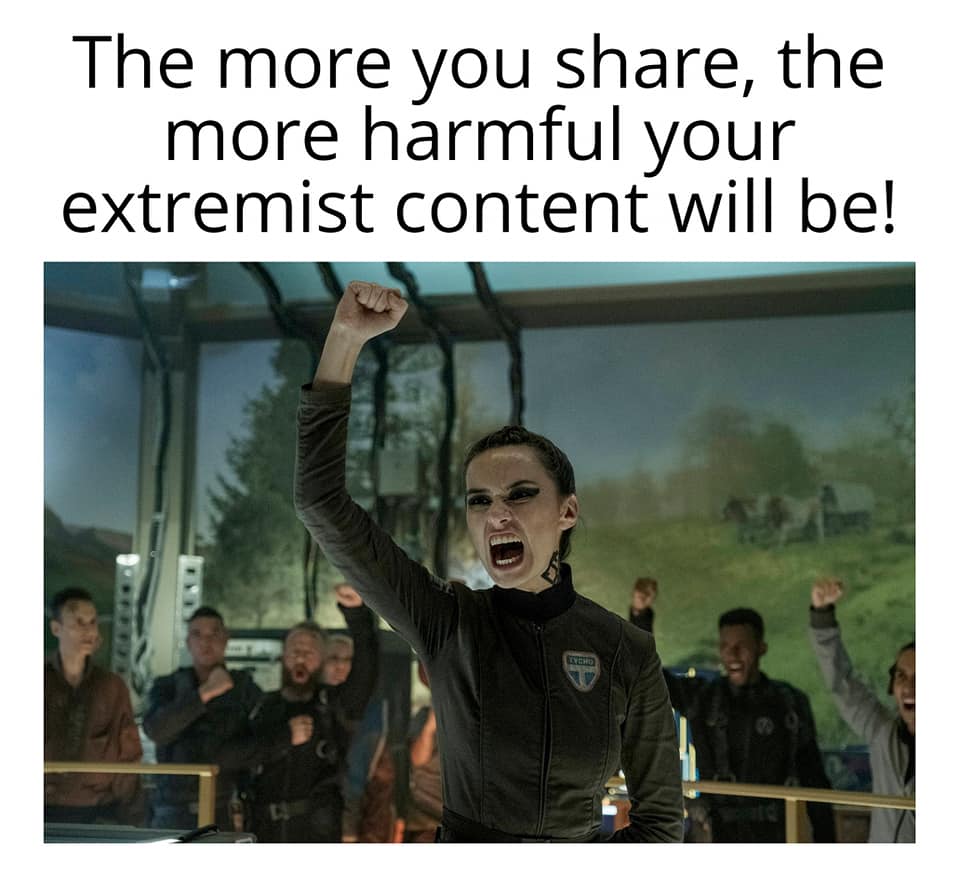 This meme features a screenshot from the TV show "Westworld" where a character, Dolores, is shown in a state of intense anger and frustration. The text overlayed on the image reads: "The more you share, the more you help the oppressors".